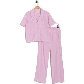 Nordstrom Rack Cotton Poplin Long Pajamas in White- Pink Skinny Stripe at Nordstrom Rack, Size X-Small