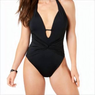 Bar III Plunge Twisted Tummy Control One Piece Swimsuit In Black
