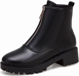 Generic Womens PU Leather Ankle Boots Front Zipper Chunky Block Heels Comfortable Slip-Resistant Durable Casual Daily Streetwear Office Work Shoes,Black,6.5 U