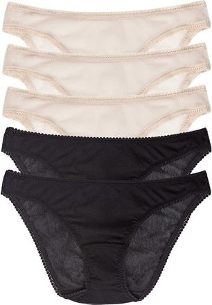 OnGossamer 5-Pack Mesh Hip Bikinis in Black/Champagne at Nordstrom, Size Large