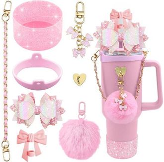 OEM Juego De Accesorios Para Tazas: Lazos Con Purpurina, Adornos Para Pajitas Y Perchas Con Pompones