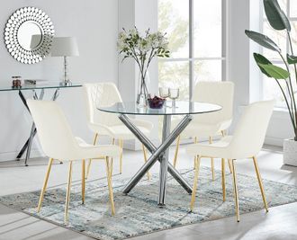 Furniturebox Selina Round Glass Chrome Leg Dining Table & Pesaro Gold Leg Chairs in Cream | Size: 2 Person