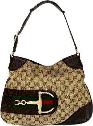 Gucci Pre-owned Shoulder Bags, female, Brown, Size: ONE SIZE Pre-owned GG Canvas Leather Shoulder Bag