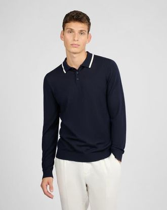 Onia Extra Fine Merino Wool Long Sleeve Polo in Midnight/white at Nordstrom, Size X-Large