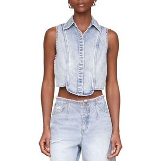 Avec Les Filles Sleeveless Tuxedo Crop Denim Shirt in Madeira Wash at Nordstrom Rack, Size X-Large