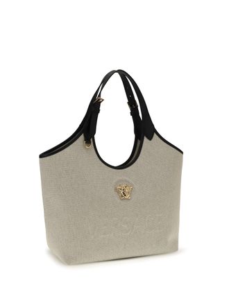 Versace Womens Tote Fabric Calf Leather Rope Black Versace Gold Cotton Shoulder Bags