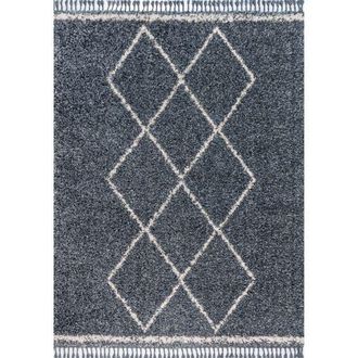 Jonathan Y Designs Mercer Shag Plush Tassel Moroccan Geometric Trellis Denim Area Rug in Denim Blue/cream at Nordstrom, Size 2Ft 0In X 8Ft 0In