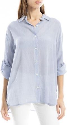Max Studio Roll Tab Gauze Button-Up Shirt in Indigo /White Mini Stripe at Nordstrom Rack, Size X-Large