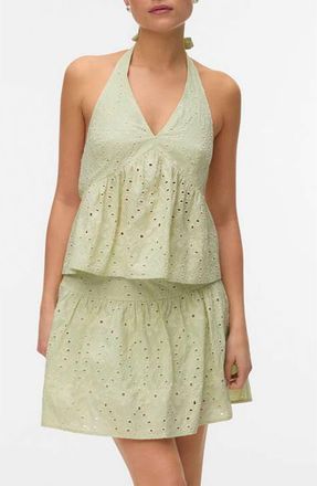Vero Moda Embroidered Eyelet Halter Neck Babydoll Top in Fog Green Detail Snow White Em at Nordstrom, Size X-Small