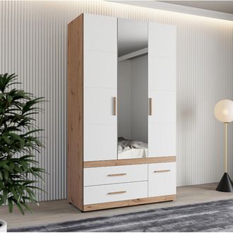 Dmora Armario 3 Puertas Yelapa, Ropero Dormitorio Con Barra, 3 Cajones, 2 Estantes, 117x52 Cm Blanco Mate