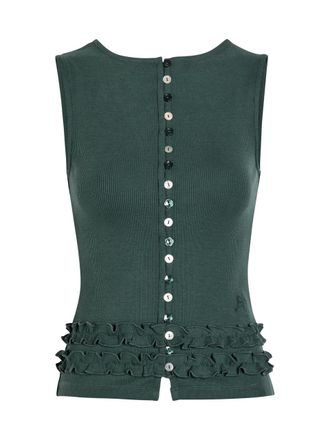 Damson Madder Ember Ribbed Ruffle-trim Cotton-blend Tank - Green - 14 (UK14 / L)