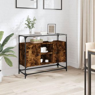 Berkfield Home Sideboard with Glass Top Smoked Oak 98x35x81 cm Engineered Wood in Brown | Size: 98 x 35 x 81 cm