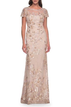 La Femme Fitted Chic Beaded Dress with Illusion Neckline and Short Sleeves in Champagne at Nordstrom, Size 10