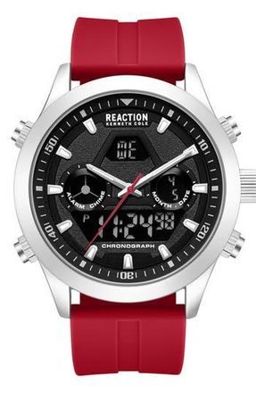 Kenneth Cole Reaction Analog Digital Silicone Strap Chronograph Watch, 47mm in Black/Red at Nordstrom Rack