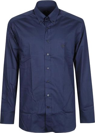 Etro Roma Logo Button Down Long Sleeve Shirt - Heren - Casual Overhemden - Blauw - 3XL - Overhemden