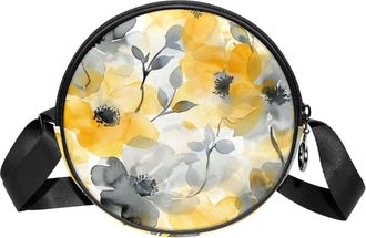 Generic Circle Crossbody Bag for Women, Floral Leaves Small Sling Bag Daypack with Zipper Adjustable Shoulder Straps Casual Ladies Girls Round Purse