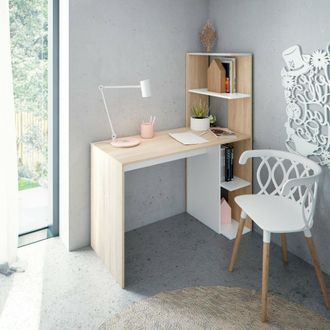 Dmora Escritorio Peekskill, Escritorio Lineal Con Librer&iacute;a, Mesa De Oficina Multiusos Que Ahorra Espacio, 110x52h136 Cm, Blanco Y Roble - Dmora