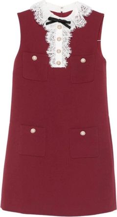 Self Portrait A-lijn jurk met kanten rand en strikdetail - Dames - Korte kleedjes - Rood - M - Polyester - Kleedjes