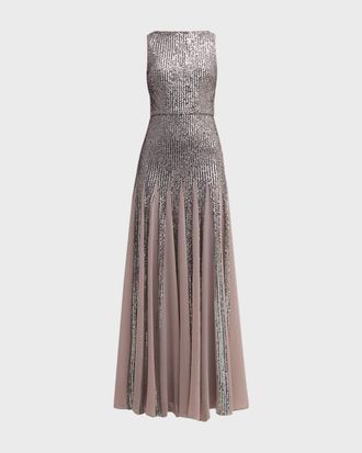 Badgley Mischka Sleeveless Sequin Godet Gown