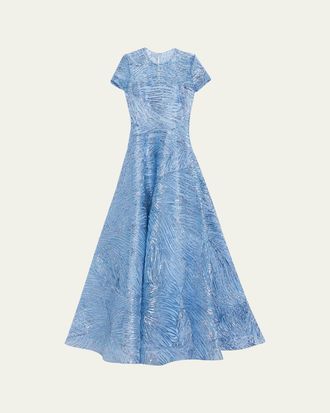 Naeem Khan Metallic Embroidered Short-Sleeve Illusion Gown