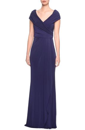 La Femme Ruched Jersey Long Gown with V-Neckline in Navy at Nordstrom, Size 20