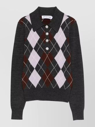 Self Portrait argyle knit jumper collar rhinestone buttons