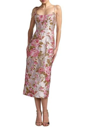 Mac Duggal Petite Floral Brocade Midi Dress with Bow Tie Straps in Pink Multi at Nordstrom, Size 10