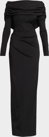 Lela Rose Off-The-Shoulder Satin Jersey Draped Backless Gown