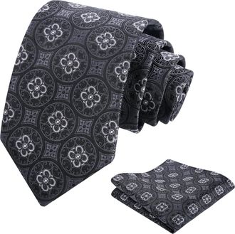 Alizeal Mens Mixed Pattern Necktie and Pocket Square Business Geometric Regular Patterns Tie and Hanky Set, Dark Gray