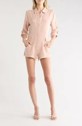 Young Fabulous & Broke River Long Sleeve Raw Edge Linen Blend Romper in Pink Clay Pigment at Nordstrom Rack, Size X-Small
