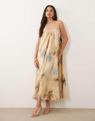 Asos Vestito lungo a fascia arricciato color crema a fiori-Multi