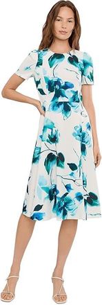 Calvin Klein Short Sleeve Linen Floral Aline Dress Womens Dress Regatta : 12, Polyester/Spandex