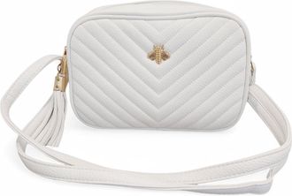 Generic Quilted Crossbody Handbag, White Faux Leather, Gold Bee Emblem, Tassel Detail