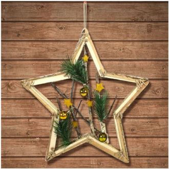 Trade Shop Trade Shop - Appendino Forma Stella In Legno Rami E Palline 42cm Oro Decorazione Natale