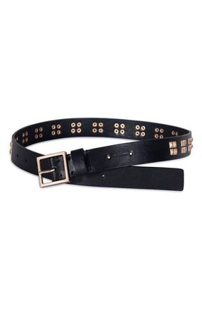AllSaints Pyramid Stud Leather Belt in Black /Warm Brass at Nordstrom, Size Small
