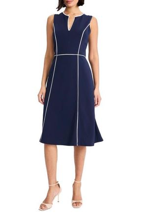 Maggy London Piped Fit & Flare Midi Dress in Navy Blazer at Nordstrom, Size 16