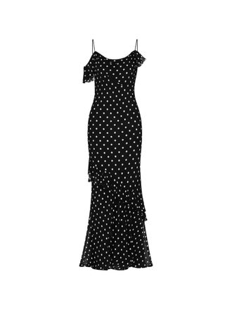 Self Portrait Black Polka Dot Georgette Maxi Dress