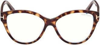 Tom Ford 54mm Cat Eye Blue Light Blocking Optical Glasses in Havana And Pink /T Logo at Nordstrom