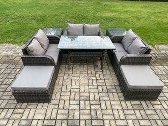 Fimous Outdoor Rattan Garden Furniture Lounge Sofa Set With Oblong Rectangular Dining Table 2 Big Footstool 2 Side Tables in Dark Grey