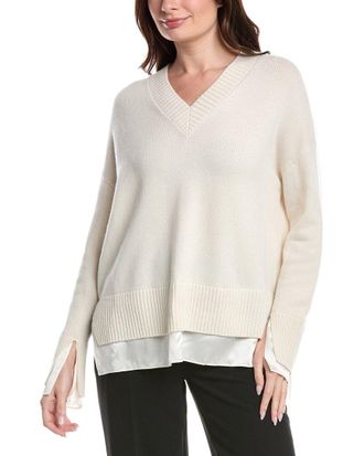 Lafayette 148 New York Petite Charmeuse Trimmed V-Neck Sweater