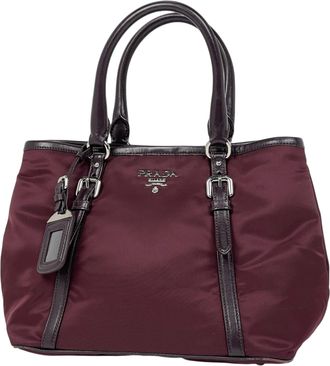 Prada Bordeaux Nylon Leather Handbag Tote Bag (Pre-Owned)