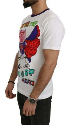 Dolce & Gabbana Mens White Cotton Top Super Power Pig T-Shirt