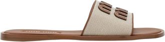 Miu Miu Sliders, female, Beige, Size: 6 1/2 US Canvas and Leather Slides