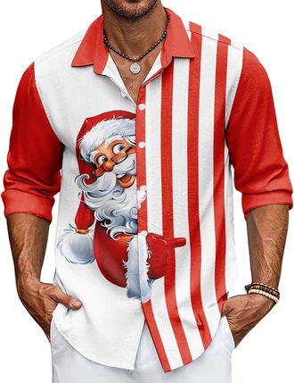 Generic Mens Christmas Shirt Long Sleeve Xmas Holiday Party Dress Shirts Button Down Funny Print Hawaiian Santa Shirt (UK, Alpha, 5XL, Regular, Regular, Style