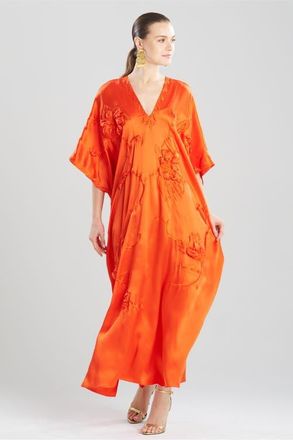 Natori Couture Mokuren Embroidered Silk Caftan in Blood Orange at Nordstrom, Size X-Small