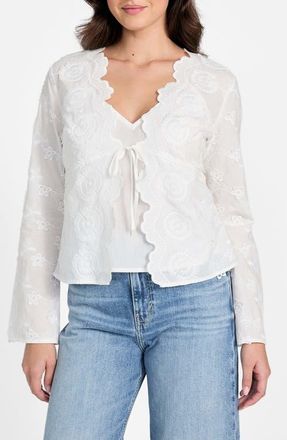 Guess Aida Floral Embroidered Tie Front Long Sleeve Top in Pure White at Nordstrom, Size X-Small