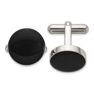 Diamond2Deal Stainless Steel Polished with Black Enameled Center Cuff Links