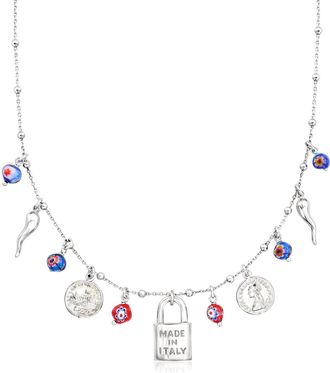 Ross-Simons Sterling Silver Italian-Inspired Charm Necklace With Multicolored Murano Glass Beads