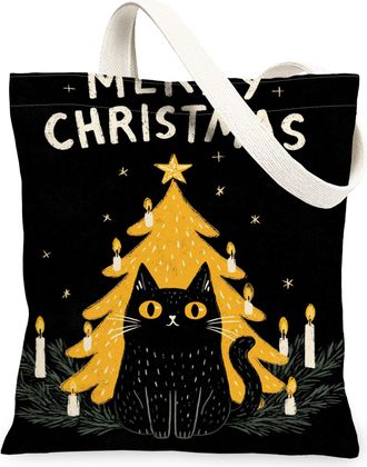 Generic Christmas Cat Canvas Tote Bags, Cute Feline Design Reusable Grocery Bags, Winter Cozy Lightweight Washable Shoulder Strap C, Black, 13x15 Inch