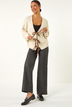 Roman Leopard Tie Front V-Neck Cardigan